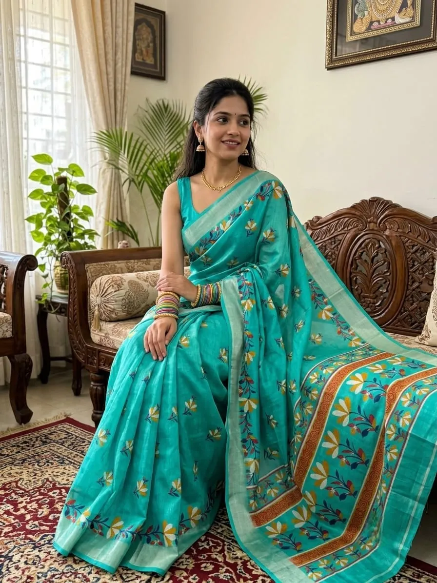 Aqua Green Floral Stripe Pallu Linen Cotton Saree